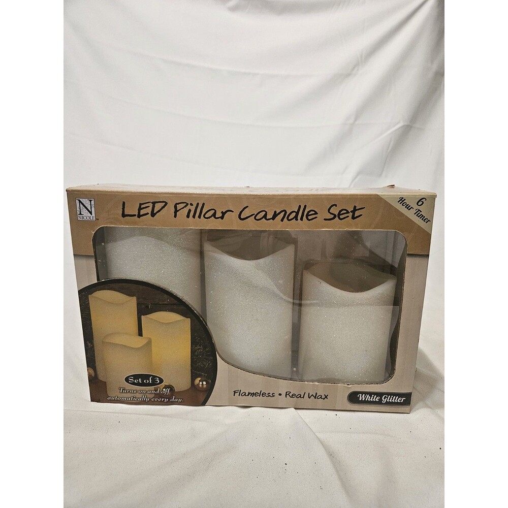 Nicole Led Pillar Candle Set of 3 UnScented Flameless Automatic 6 Hour Timer